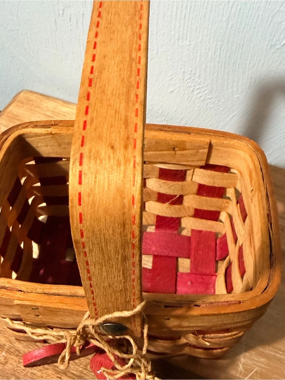 Vintage Handwoven and hand painted Red and Natural Decorative Love Basket